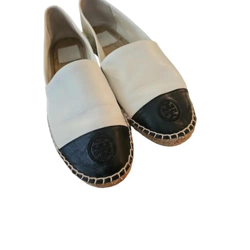 Tory Burch Women's Natural Colorblock Espadrilles black cream 10 stitched logo